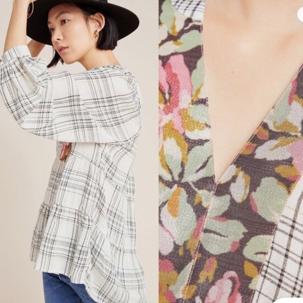 Anthropologie Darlene Plaid Peasant Blouse Top Tunic Metallic Thread Size XS - Picture 2 of 10
